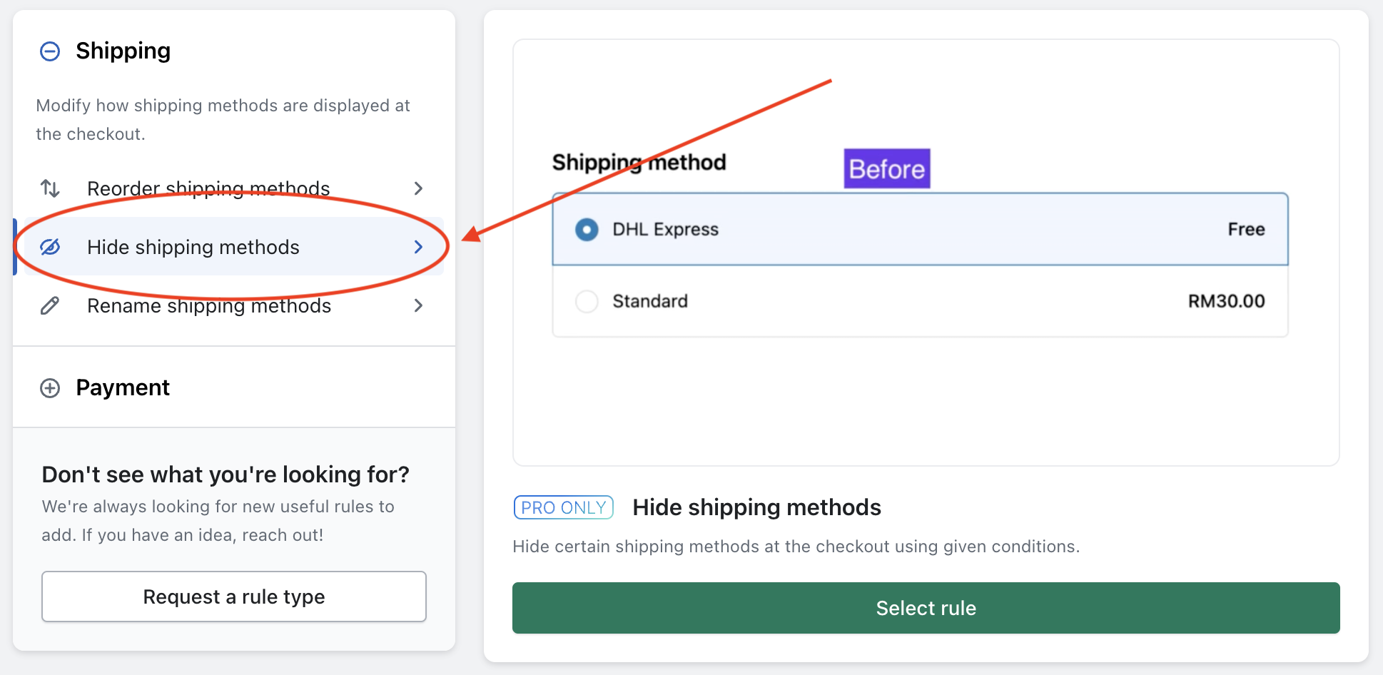 Select rule from checkout rules app